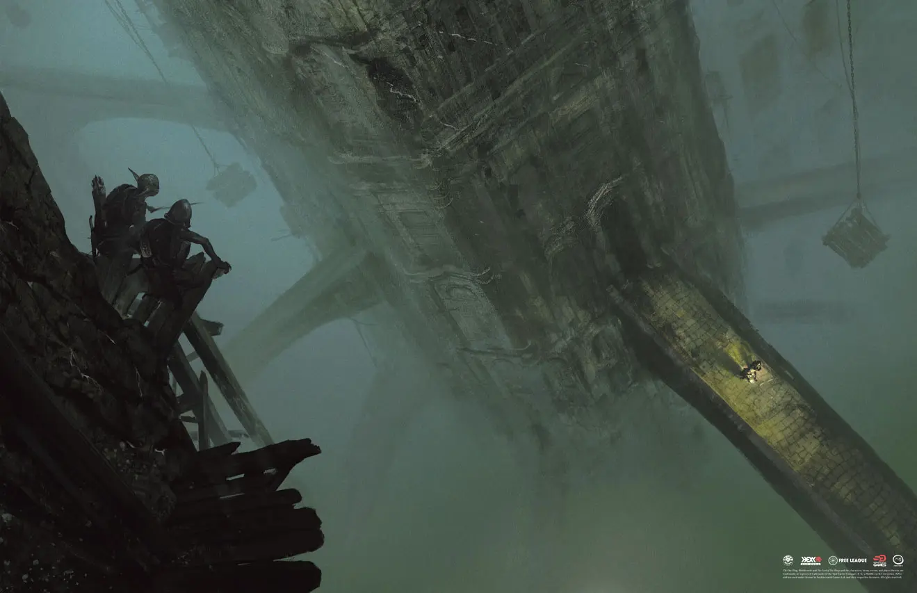 Dwa upiory przyglądają się postaci idącej po jednym z most&oacute;w w Morii